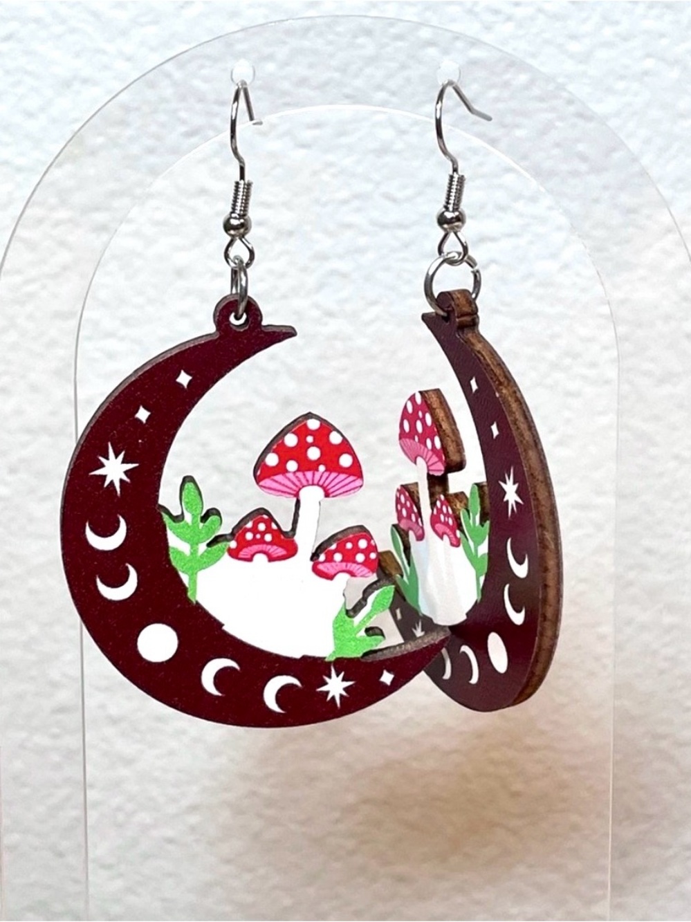 NEW 2D Cutout Mushroom Crescent Moon Pierced Hook Earrings | Lightweight
